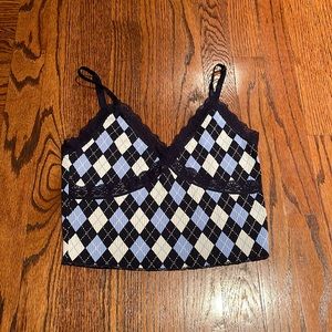 H&M Blue Argyle Cropped Tank w/ Lace Detailing